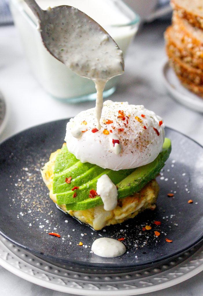 Crab Cake Stacks with Poached Eggs, Avocado, & Tartar Sauce Drizzle