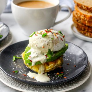 Crab Cake Stacks with Poached Eggs, Avocado, & Tartar Sauce Drizzle