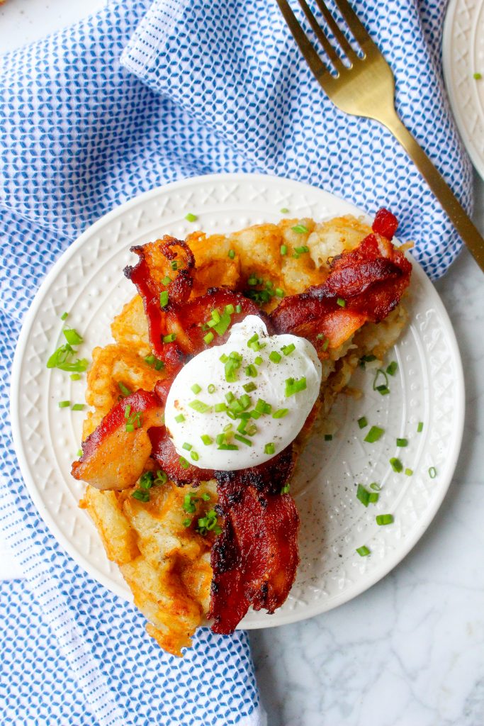 Tater Tot Waffles with Bacon, Eggs, & Truffle Oil