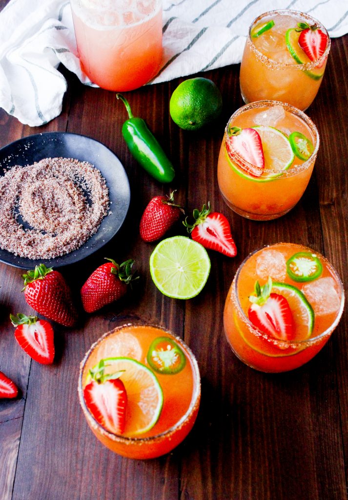 Smoky Strawberry Jalapeño Margaritas with Chile Salt Rim