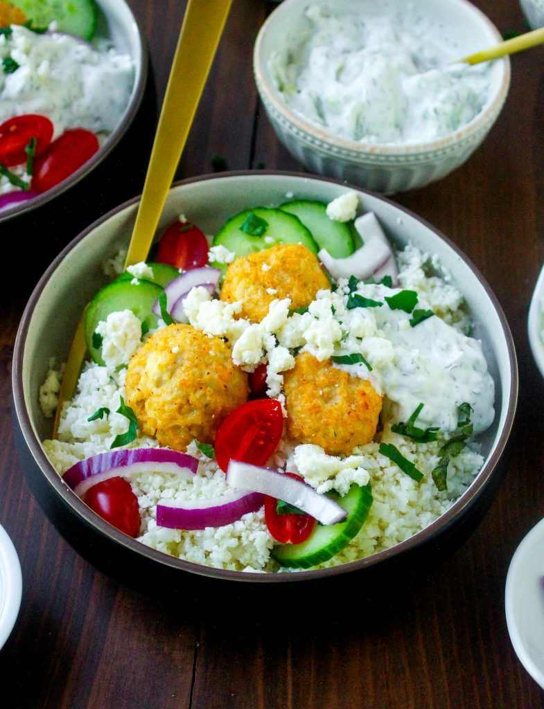 Greek Meatball Bowls with Cauliflower Rice & Tzatziki