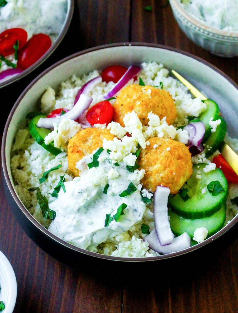 Greek Meatball Bowls with Cauliflower Rice &amp; Tzatziki