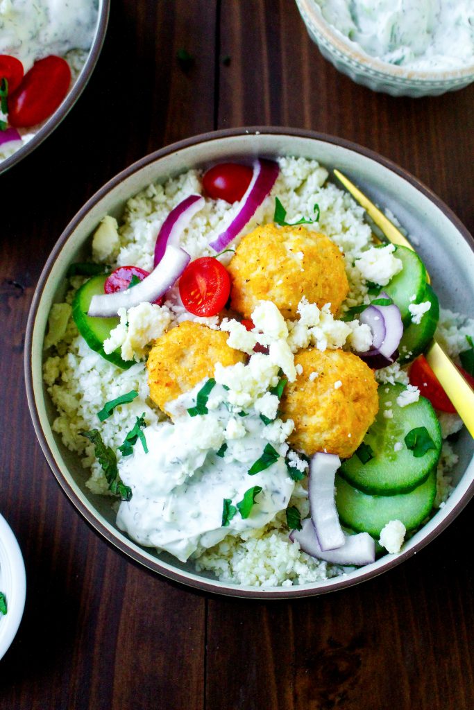 Greek Meatball Bowls with Cauliflower Rice & Tzatziki