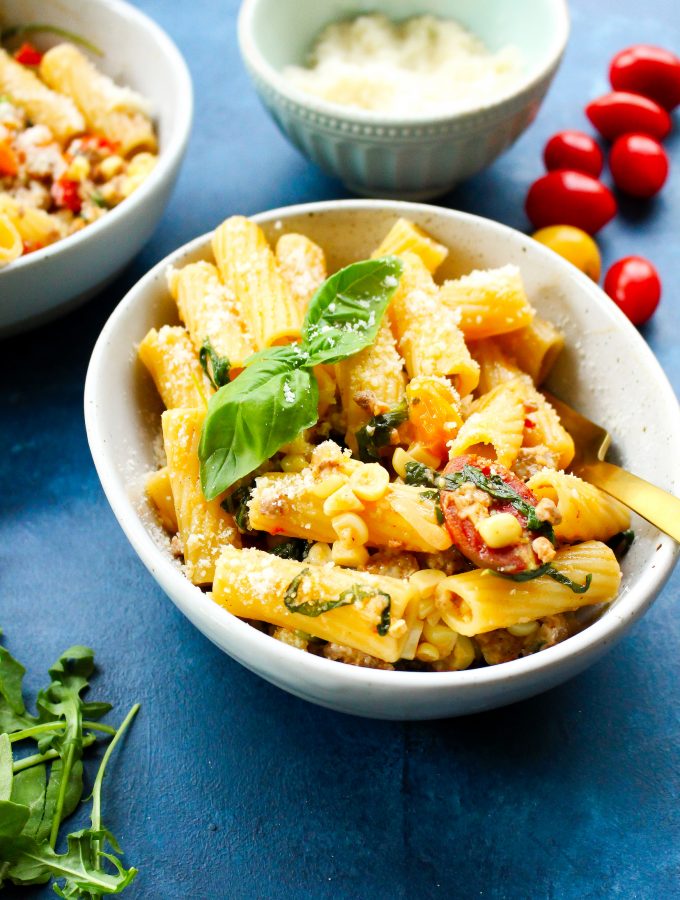 Easy Corn & Chorizo Pasta - Yes to Yolks