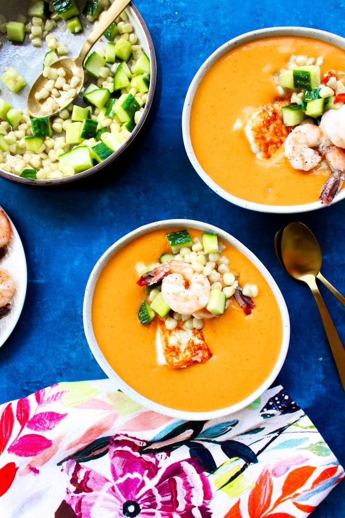 Tomato Gazpacho with Corn, Shrimp, & Cheese “Croutons”