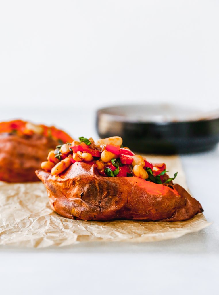 Baked Sweet Potatoes with Warm Cannellini Bean Salad