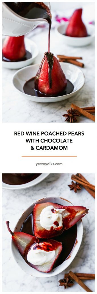 Red Wine Poached Pears with Chocolate & Cardamom