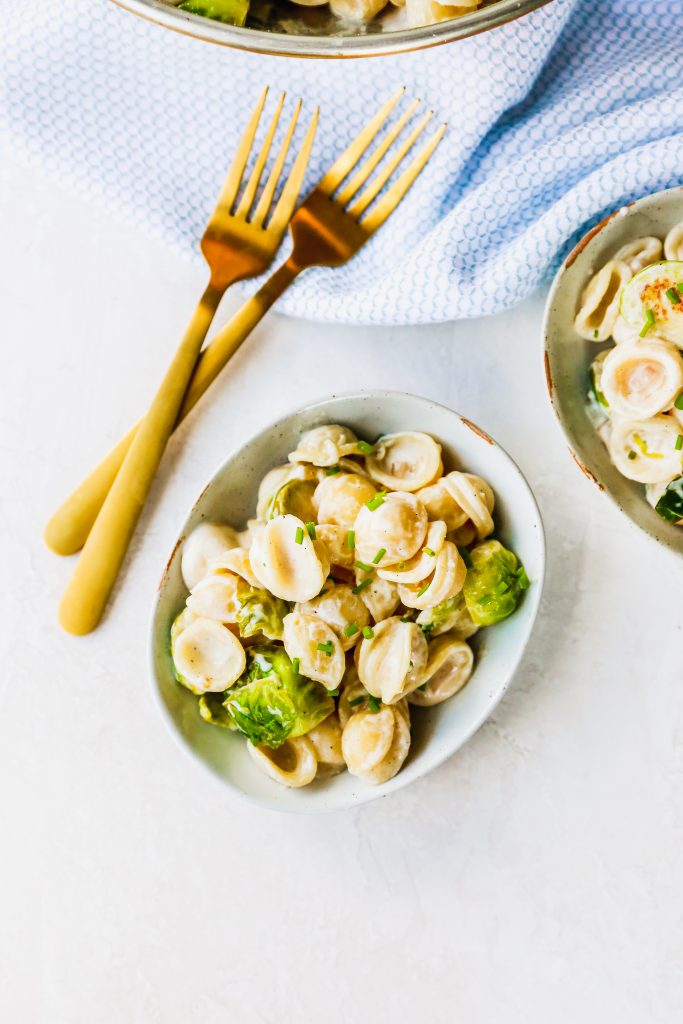 Creamy Goat Cheese & Brussels Sprouts Pasta