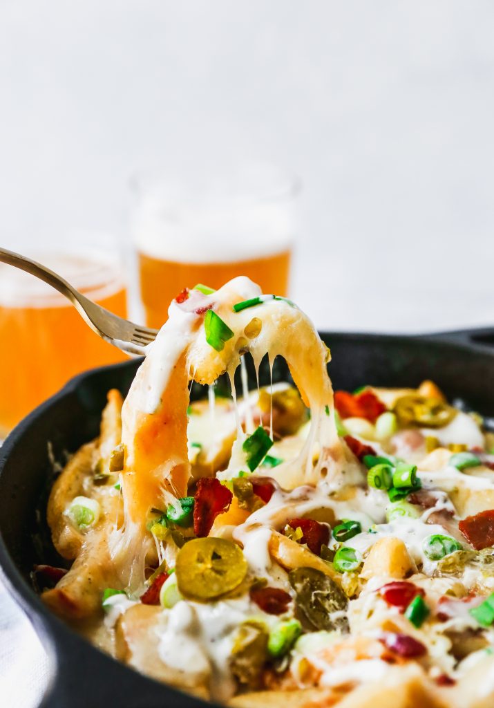 Skillet Cheese Fries with Bacon, Pickled Jalapeños, & Ranch