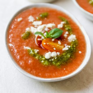 Spicy Watermelon-Tomato Gazpacho with Herb Oil & Feta