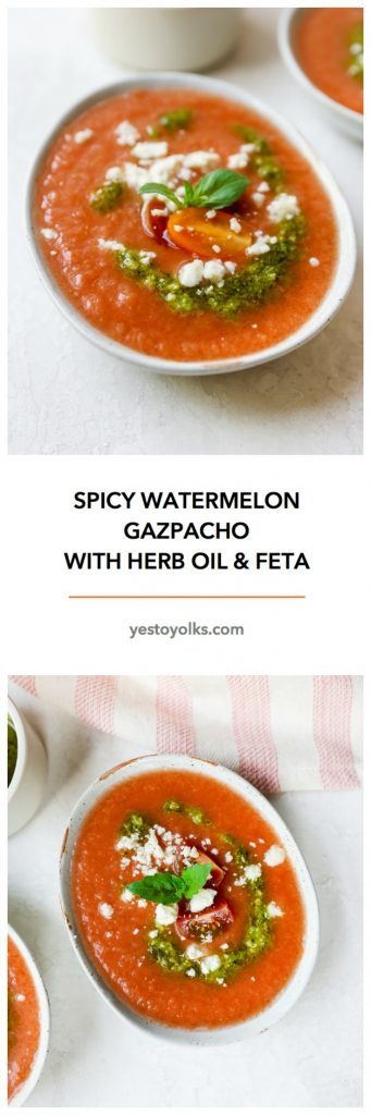 Spicy Watermelon-Tomato Gazpacho with Herb Oil & Feta