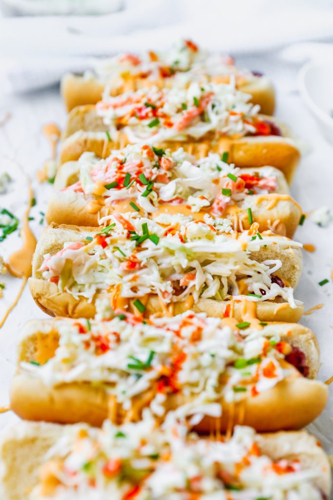Buffalo Cheese Dogs with Blue Cheese Slaw