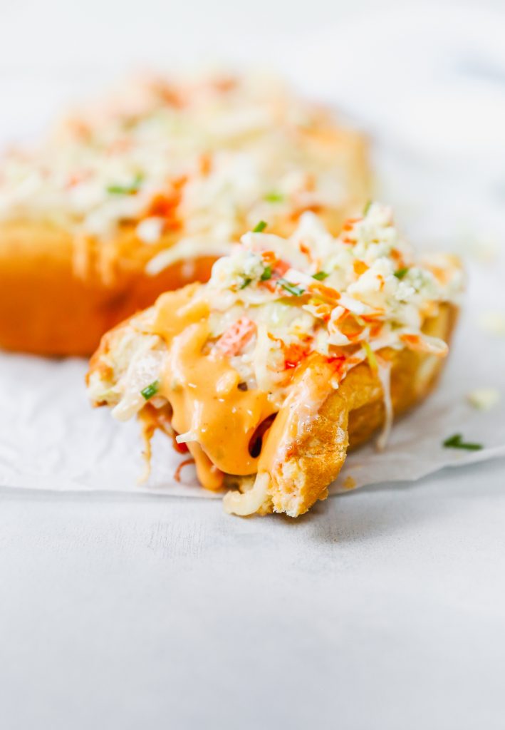 Buffalo Cheese Dogs with Blue Cheese Slaw