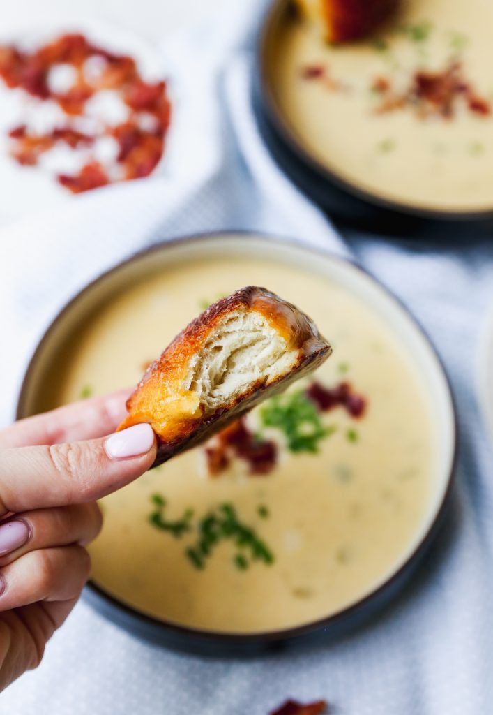 Beer-Cheese Soup with Soft Pretzel Dippers