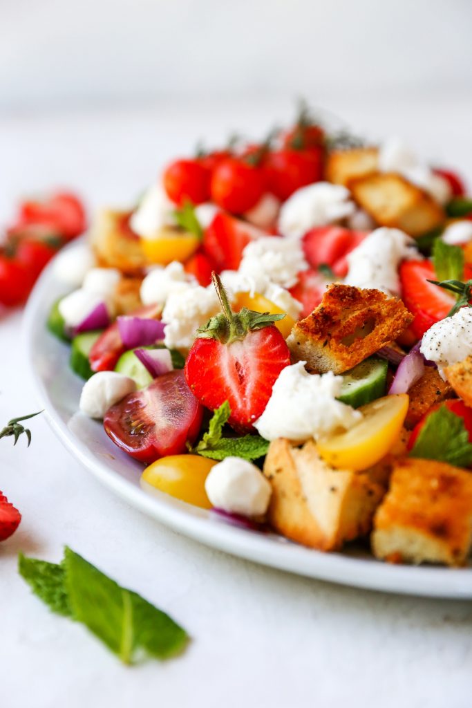 Strawberry Panzanella Salad with Burrata & Basil Vinaigrette
