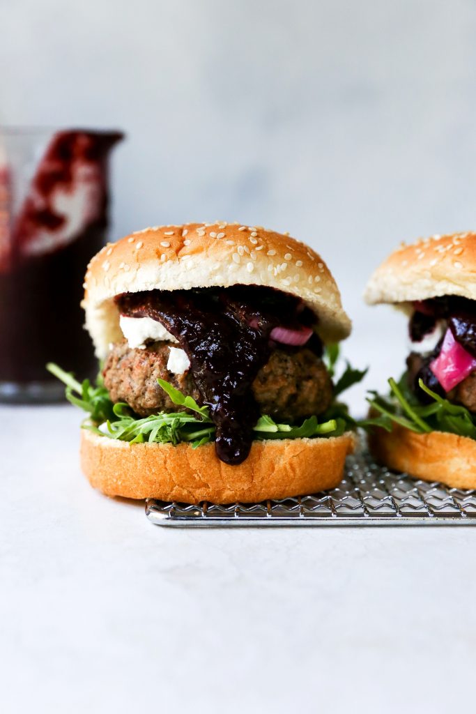 Burgers with Blueberry BBQ Sauce, Goat Cheese, & Pickled Red Onions