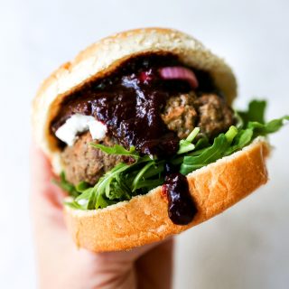 Burgers with Blueberry BBQ Sauce, Goat Cheese, & Spicy Pickled Red Onions