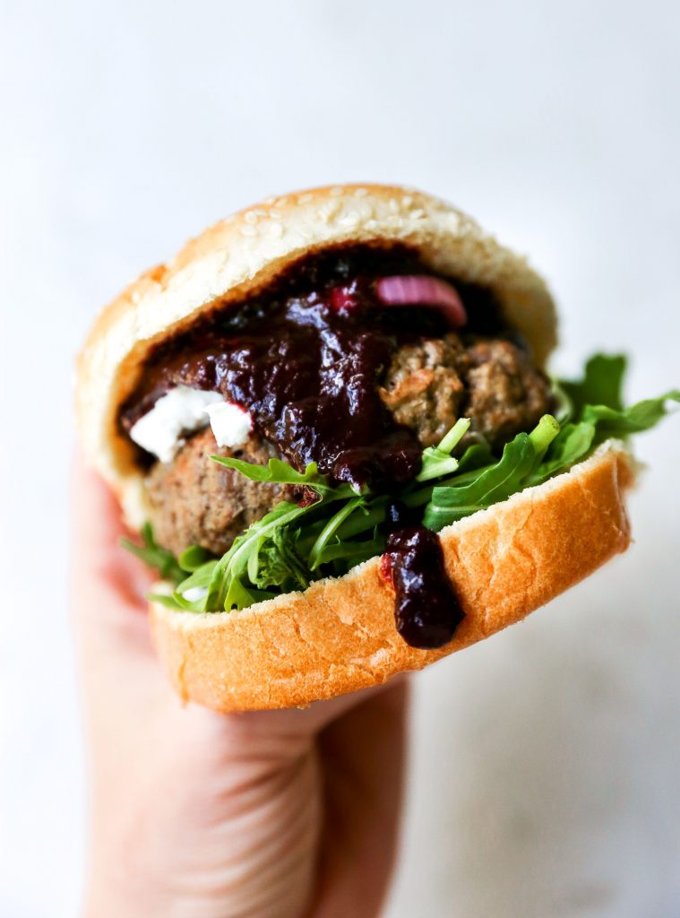 Burgers with Blueberry BBQ Sauce, Goat Cheese, & Pickled Red Onions