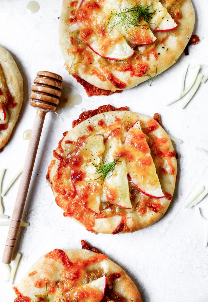 Mini Caramelized Fennel & Apple Pizzas with Spicy Honey