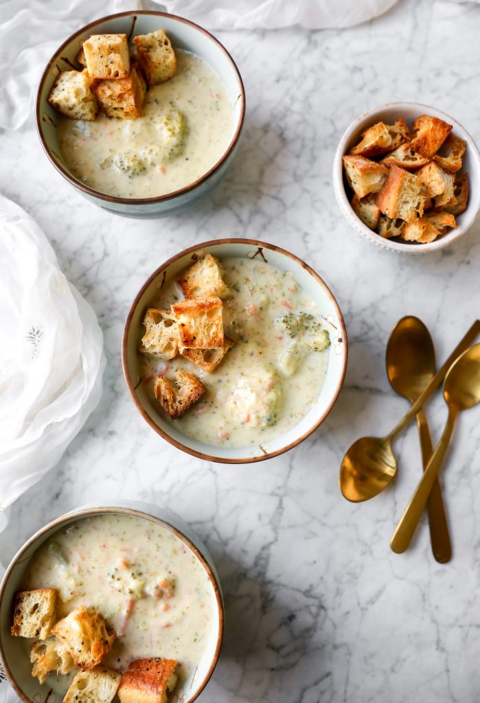 Broccoli Cheddar Soup with Garlic Brown Butter Croutons
