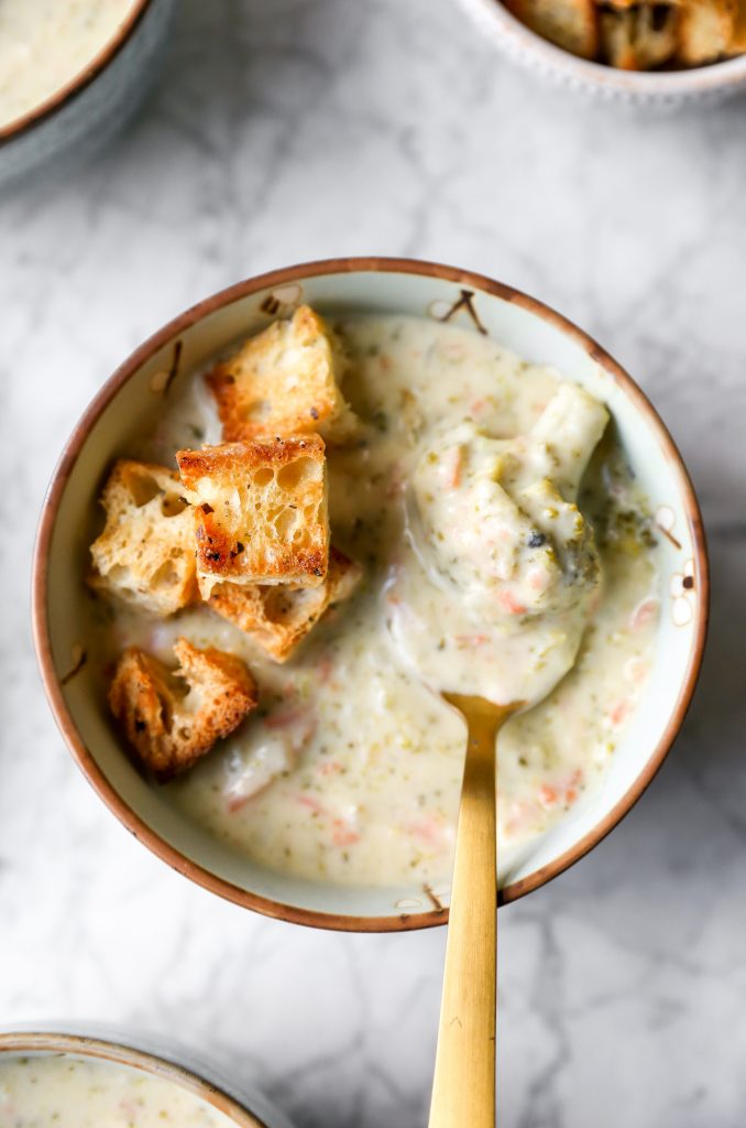 Broccoli Cheddar Soup with Garlic Brown Butter Croutons
