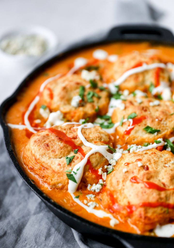 Buffalo Chicken Pot Pie with Beer-Cheese Biscuits