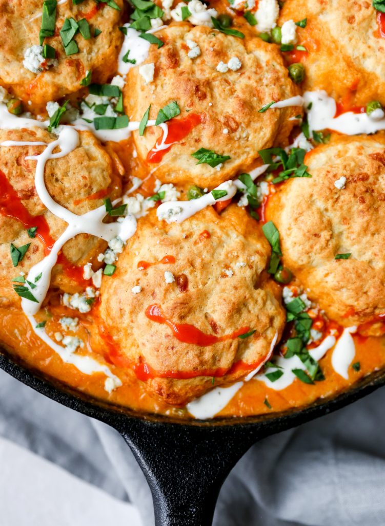 Buffalo Chicken Pot Pie with Beer-Cheese Biscuits