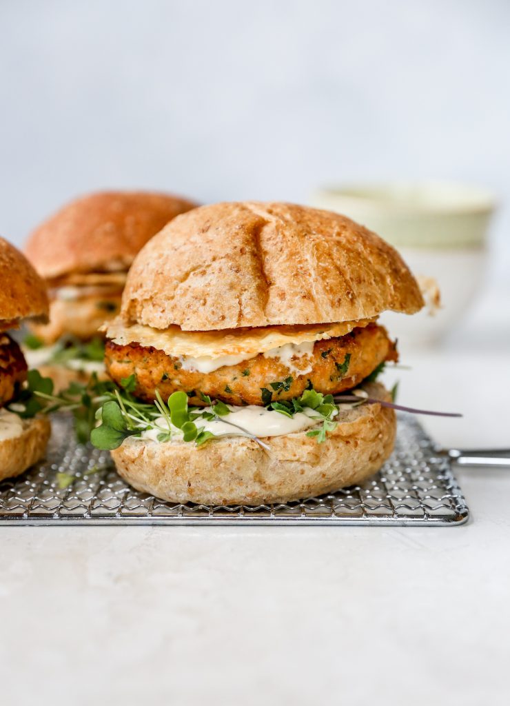 Chicken Caesar Burgers with Asiago Frico