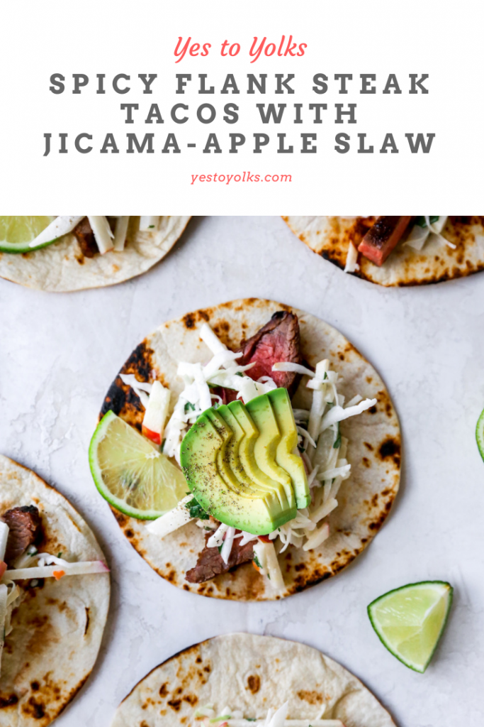 Spicy Flank Steak Tacos with Jicama-Apple Slaw
