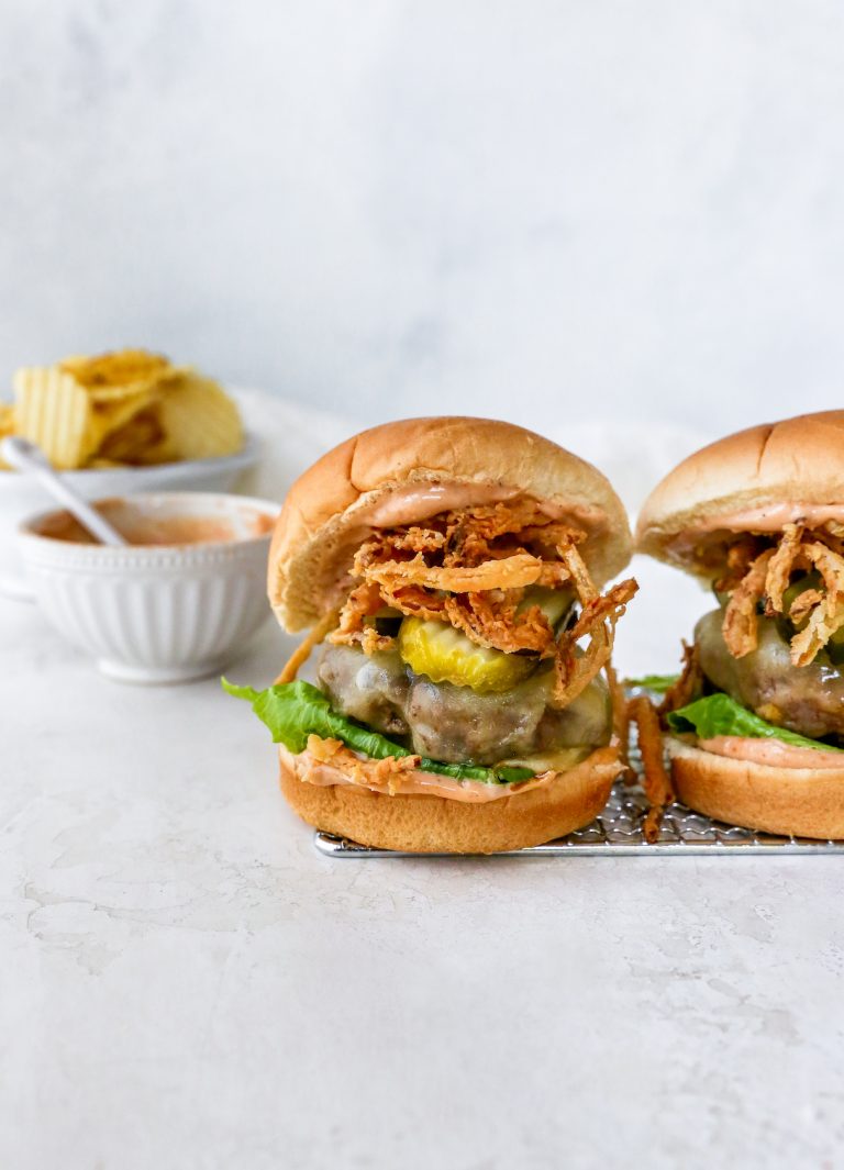 BBQ Cheeseburgers with Crispy Onions