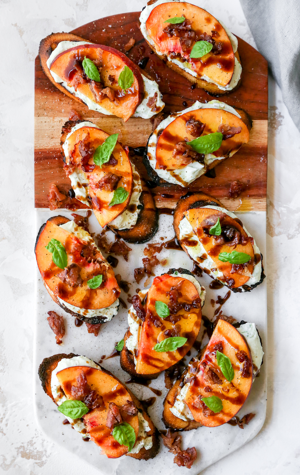 Peach Crostini with Herbed Ricotta & Crispy Prosciutto - Yes to Yolks
