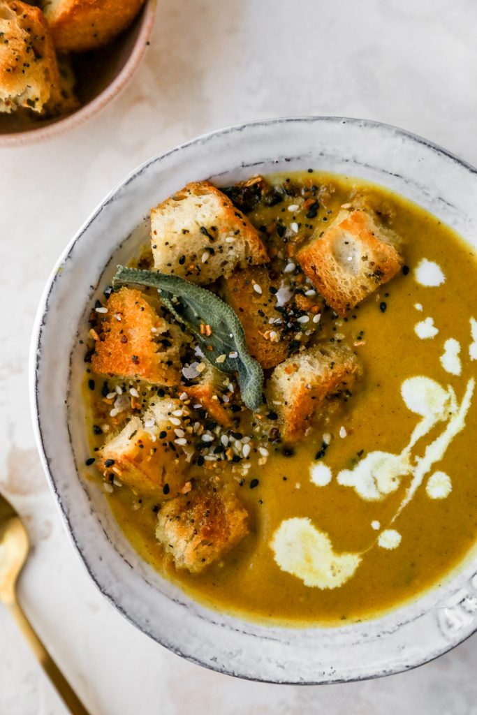 Butternut Squash & Hard Apple Cider Soup with Everything-Sage Croutons