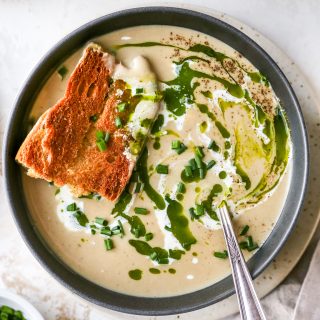 Roasted Garlic & White Bean Soup with Herb Oil