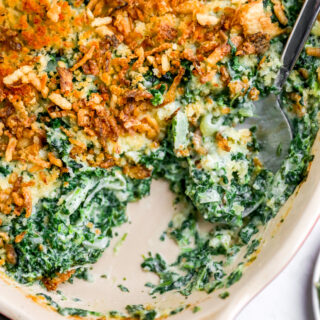 Creamed Spinach Gratin with Crispy Onions