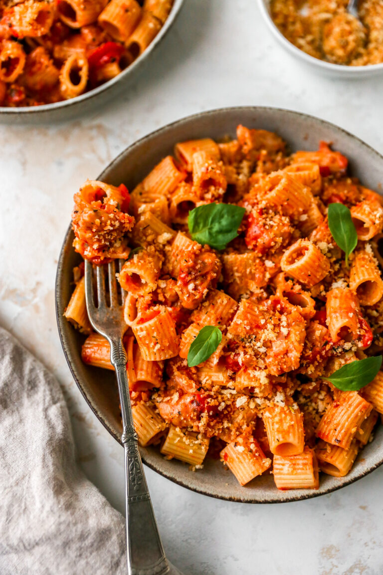 Chicken Sausage Rigatoni with Crispy Breadcrumbs - Yes to Yolks