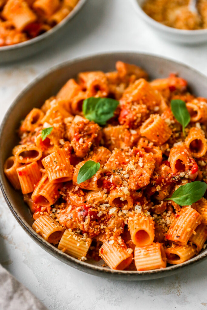 Chicken Sausage Rigatoni with Crispy Breadcrumbs - Yes to Yolks