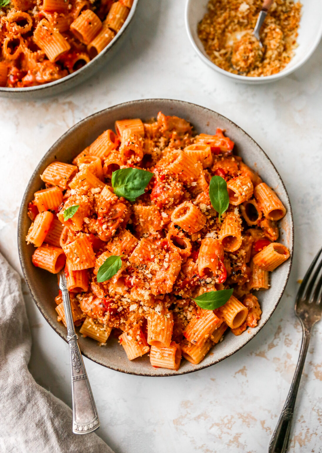 Chicken Sausage Rigatoni with Crispy Breadcrumbs - Yes to Yolks