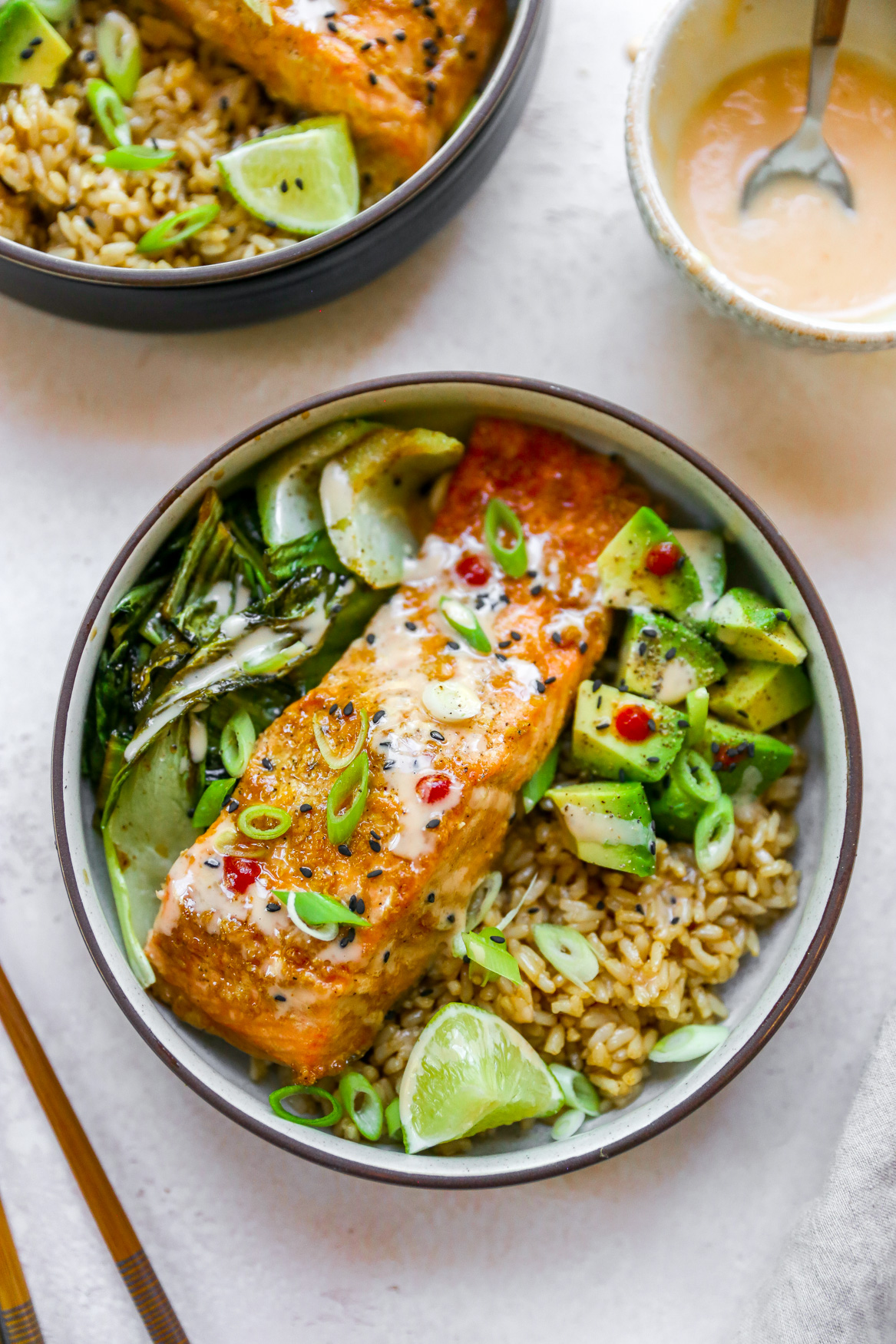 Salmon Grain Bowls with Bok Choy & Spicy Mayo - Yes to Yolks