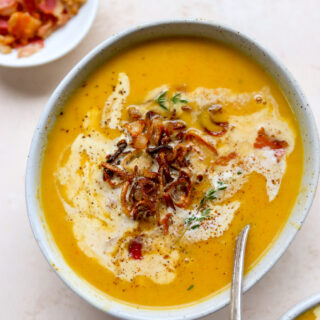 Bacon Butternut Squash Soup with Crispy Shallots