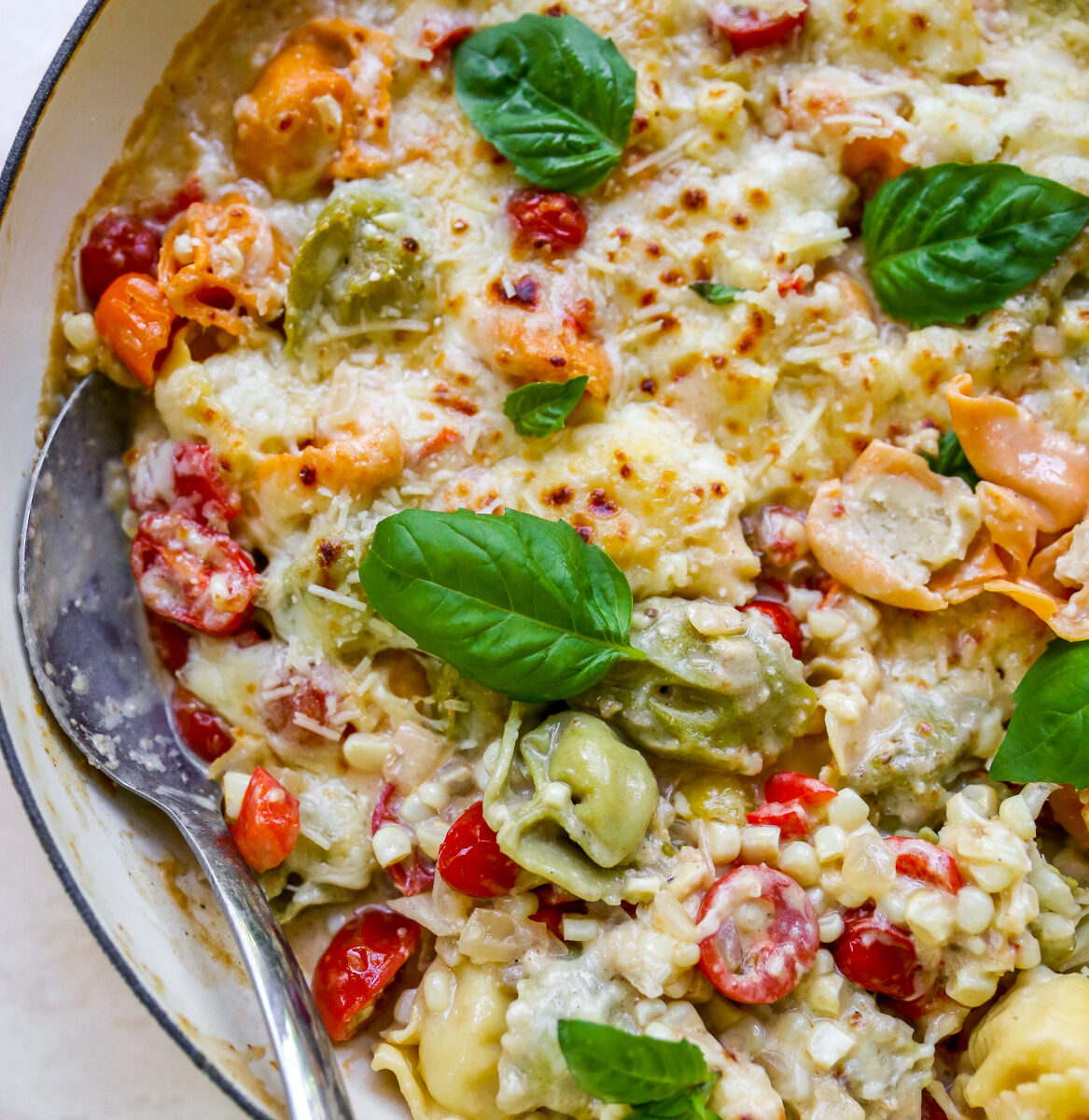 Summer Corn & Tomato Baked Tortellini - Yes to Yolks